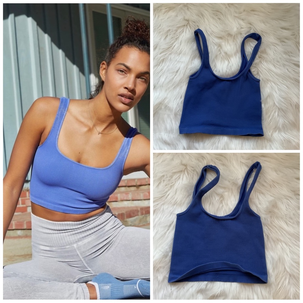 Free People Happiness Runs Square Neck Crop Tank in Blue - Picture 1 of 8